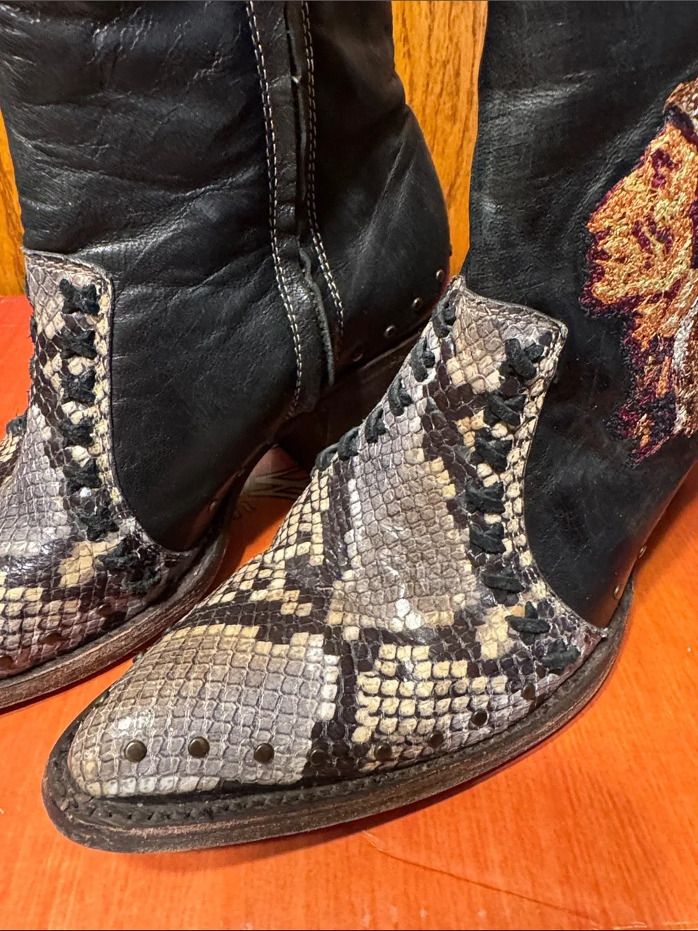Old Gringo Mabel Black and Brown Snakeskin-Accent Western Ankle Boots